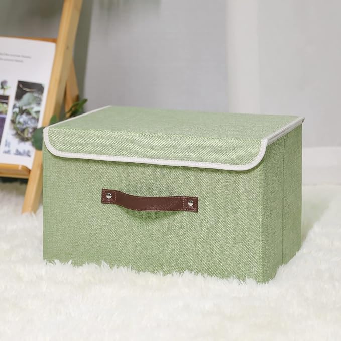 ANMINY Fabric Storage Box Bins with Lids, Green, 15"x10"x10" | Keepsake Memory Storage, Cotton Linen, PP Board Reinforced, Washable, PU Handles, Foldable & Stackable, Decorative, Large - Image 6