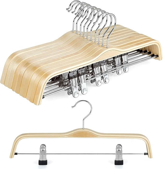 TOPIA HANGER Wooden Pants Hangers,Slim Natural Wood Skirt Hangers with Anti-Rust Hook and Adjustable Metal Clips, Perfect for Skirts, Pants, Slacks-10 Pack-CT17N by TOPIAHANGER