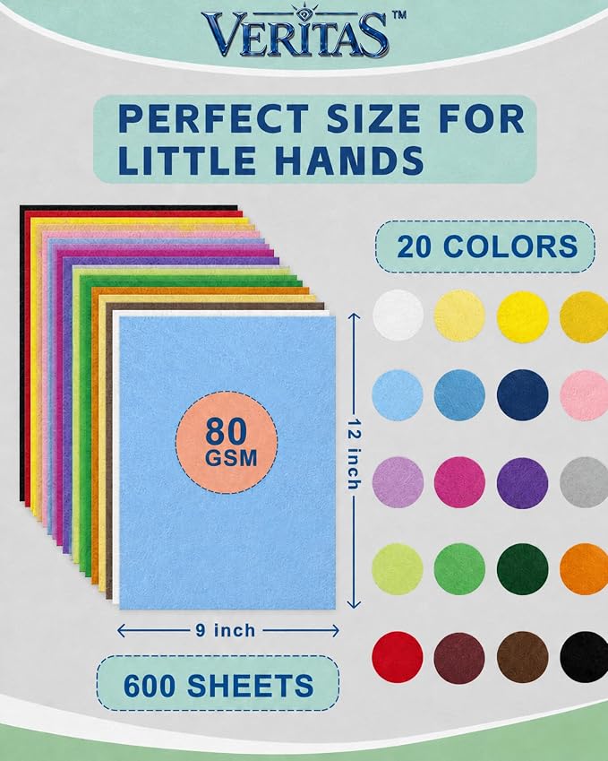 Veritas Construction Paper Assorted Colors, 9 x 12, 600 Sheets Bulk Pack, 20 Bright Colors,Colored Craft Paper,for Art Projects, Office Use, DIY Crafts, Home & Studio Supplies - Image 2