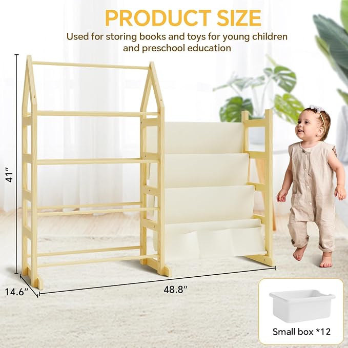 Wooden Toy Storage Organizer Kids Bookshelf, with 12 Toy Organizer Bins, Child Book Shelf for Kids Rooms, Nursery, Baby Room, Playroom, Montessori Toys Storage Organizers Rack Bookcase Shelves - Image 5