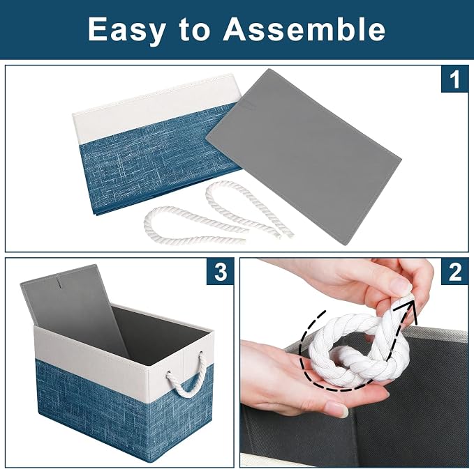 Storage Bins 3-Pack, Foldable Storage Baskets for Organizing Toys, Books, Shelves, Closet, Large Storage Box with Rope Handles, Sturdy Organizer Bins, White & Blue - Image 4