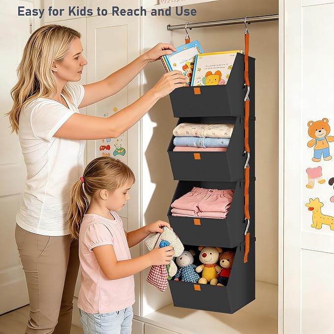 DIMJ Hanging Closet Organizer - 4 Tier Collapsible Hanging Shelves with Hooks Zipper, Fabric Clothes Organizer, Space-Saving Storage Bin Basket for RV, Bedroom, Laundry Organization - Image 4