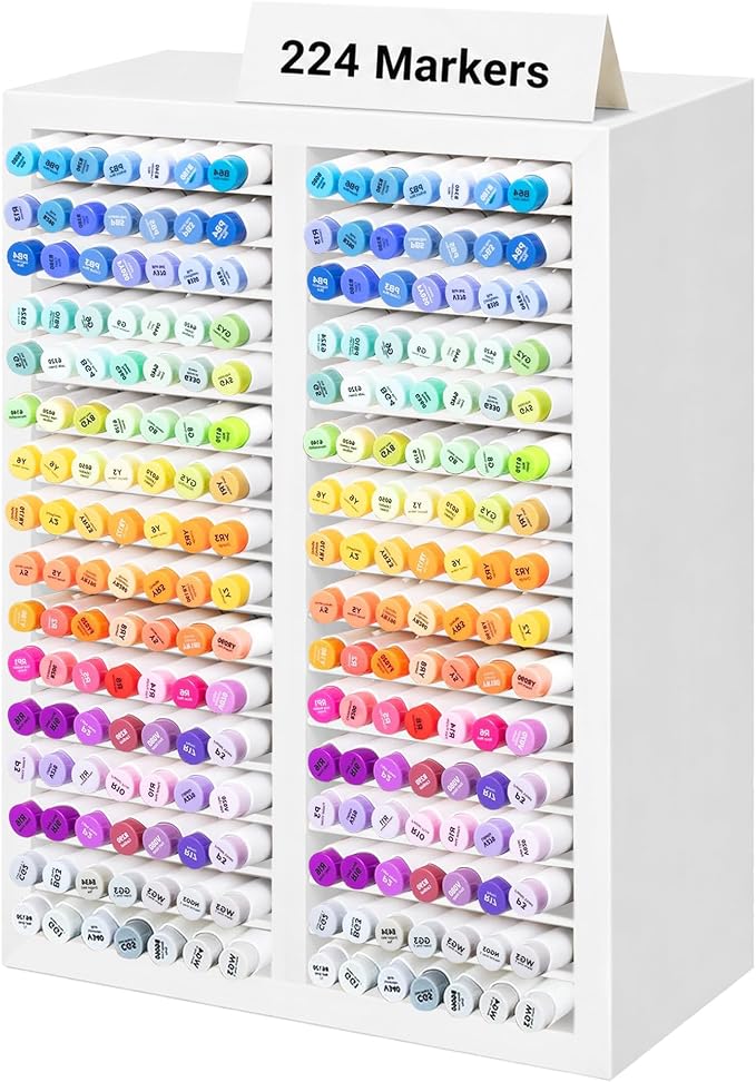 PROLEE Marker Organizer for 224 Markers, Wooden Alcohol Marker Holder with 32 Compartments, Horizontal Art Pen and Pencil Storage Rack for Desk, Classroom and Studio, White by Hamstercages