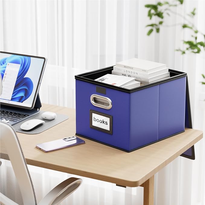 File Organizer Box with Lids, Collapsible File Folder Organizer | File Box with Plastic Slides for Document, Filing Bin for Letter Size Hanging File Folders (4 Pack, Navy Blue, Leather) - Image 2