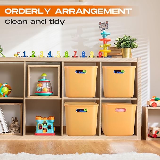8 Pack Storage Bins, 14.2 X 10.2 X 9.5 Inch Yellow | Plastic Stackable Containers with Lid Handle, For Shelves Desktop Playroom Office, Organizing Toys Books Supplies Storage - Image 6