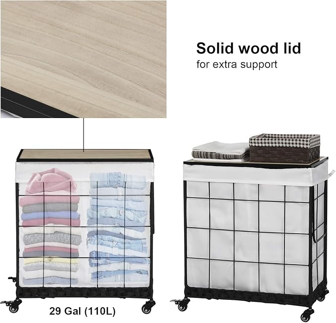 110L Laundry Hamper with Wood Lid, Rolling Laundry Basket with Liner Bag | Dual Laundry Compartments; Lockable Wheels; Reinforced Steel Frame; Durable Metal Handle; Easy Assembly - Image 4