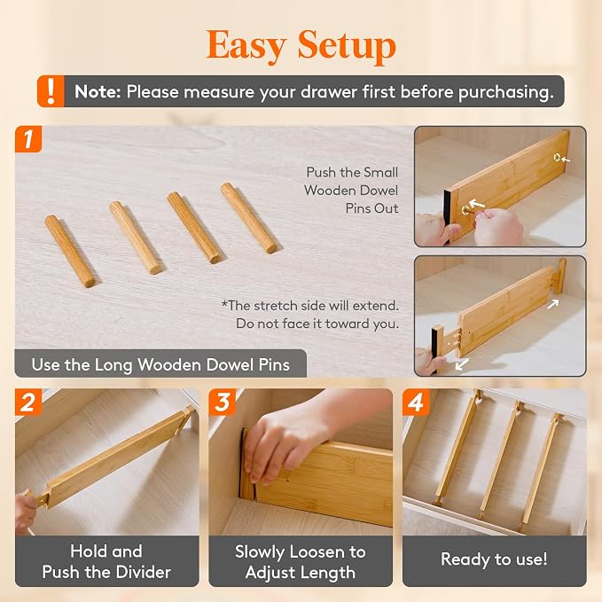 Lifewit 4" High Dresser Drawer Dividers, Adjustable Bamboo Drawer Organizer | 8 Pack 17"-21.5" Expandable Drawer Separator for Clothes, Utensils, Kitchen, Cabinet, Closet, Nursery Organization & Storage - Image 6