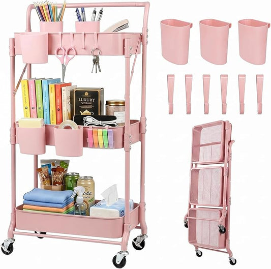 Amatic 3-Tier Folding Rolling Utility Cart with Wheels, Foldable Storage Cart Organizer with 3 Hanging Cups & 6 Hooks for Kitchen, Office, Living Room, Nursery(Pink) by Amatic