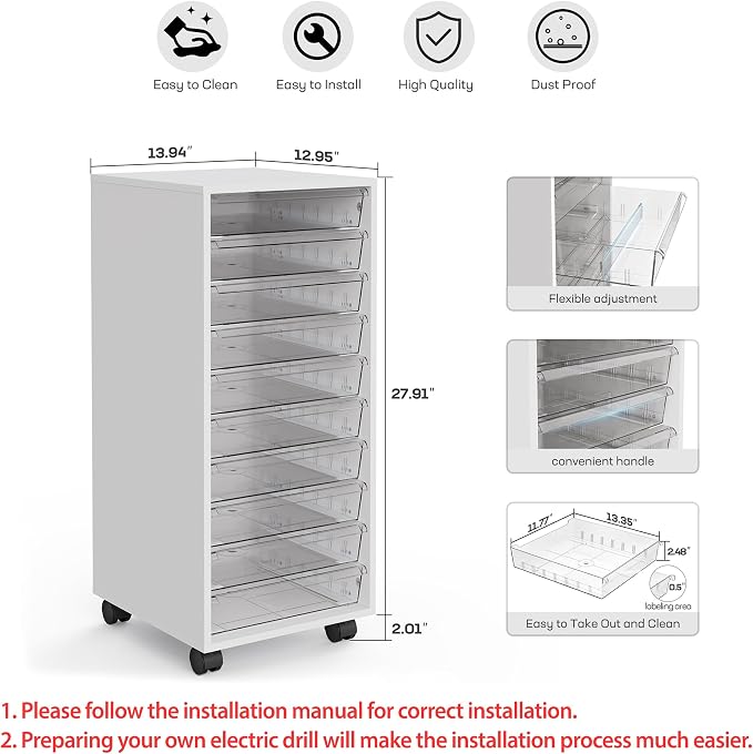 Storage Drawer Cart, Mobile Storage Cabinet, Makeup Storage with 10 Large Clear Drawers, Utility Wooden Rolling Cart on Wheels, for Cosmetic, Art Craft, Office Supplies, Toy, White - Image 3