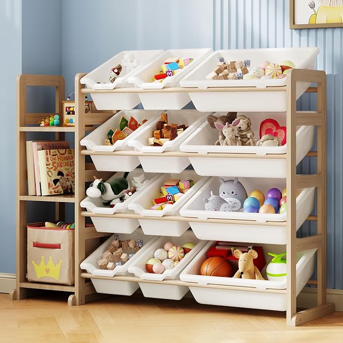 Toy Storage Organizer - Toy Organizers and Storage with Bookshelf, Toy Storage Shelf with 3 Shelves and 12 Storage Bins, Kids Bookshelf and Toy Storage for Kids Room, Playroom, Bedroom, Nursery, White by EXPERLAM