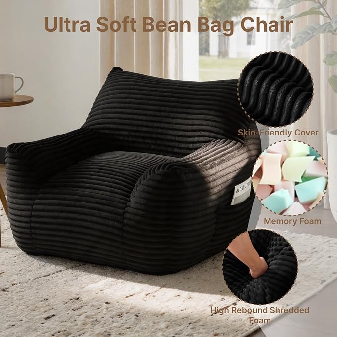 Bean Bag Chair for Adults & Kids, Giant Bean Bag Sofa with Side Pocket, Corduroy Beanbag Chair with Armrests, Comfy Stuffed Floor Sofa for Living Room Bedroom Dorm, Black - Image 4