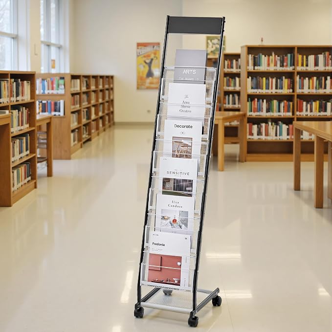 VEVOR Brochure Display Rack, Narrow 6-Tier Magazine Literature Display Stand with Wheels, Metal Floor Standing Magazine Rack, Movable Newspaper Catalog Holders for Shop Exhibitions Office (6 Pockets) - Image 8