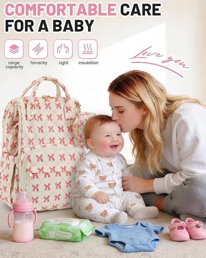 Corduroy Diaper Bag Backpack, Large Capacity Multifunction Baby Diaper Bags for Women, Insulated Bottle Pockets & Pacifier Case, Stylish Travel Nappy Changing Bags for Mom Dad (Bow Pink) - Image 2