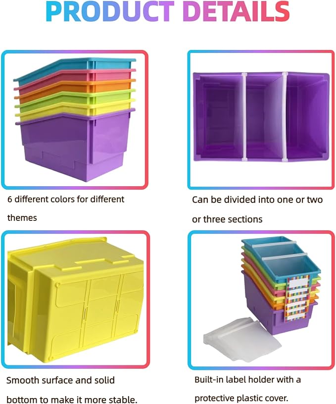 6 Pack Plastic Picture Book Classroom Library Bins with Dividers, Neon | Plastic Shelf Bin Organizer for Classroom Library, Book, Documents, Files Magazines, Multi-Purpose Book Holders with Labels - Image 4