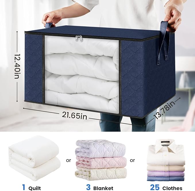 3 Pack Storage Bags for Clothes Blanket Storage Bins with Lids | Foldable Closet Organizers with Zippers,Window and Handles,Fabric Storage Bins for Sweater,Comforter,Bedding,Dorm essentials - Image 2