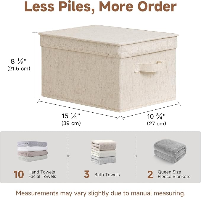 StorageWorks Fabric Storage Bins, Storage Basket with Lid, Closet Bins | Lidded Dust-proof, Easy Pull Handles, Foldable, Stackable, Ideal for Clothes Blanket Towel, Large, Rustic Linen, 3-Pack - Image 5