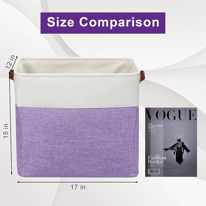 Large Fabric Storage Baskets | 50L Storage Bins, Decorative Linen Closet Baskets with Handles for Organizing, Shelf, Toys, Clothes, Home, Office, Nursery, 17x12x15Inches (Purple&White) - Image 3