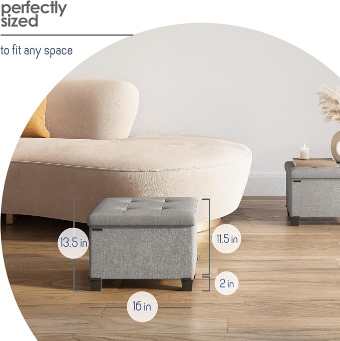 Storage Ottoman Cube with Small Bin, 16-in Square Ottoman with Storage for Living Room and Bedroom, Small Ottomans Foot Rest, Fabric Foot Stools Ottomans Max 330lbs, Light Grey - Image 8