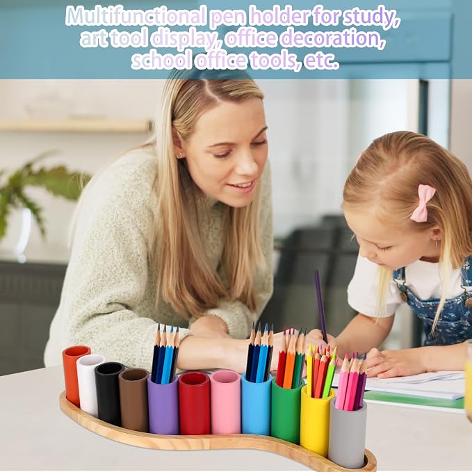 Wooden Colored Pencil Holder, Crayon Organizer | with 11 Colorful Cups Pencil Storage Box with S-Shaped Base for Children Office School Supplies - Image 6