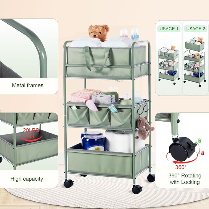 Honeydak 2in1 Baby Diaper Caddy Organizer Cart 3 Tier Large Capacity Metal Utility Bedside Rolling Cart with Divider Newborn Registry Nursery Essential Must Have Crib Bedroom Baby Shower(Green) - Image 3