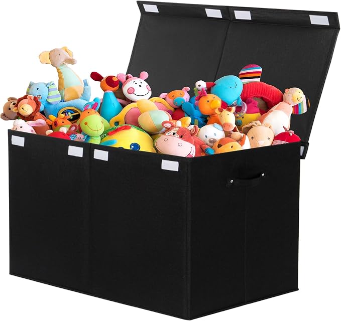Large Toy Box Chest Storage with Flip-Top Lid, Kids Toy Storage Bin Boxes | Toy Chest with with Removable Divider for Kids, Boys, Girls, Nursery, Living Room, Bedroom, 26"x17" x17" (Linen Black) by popoly
