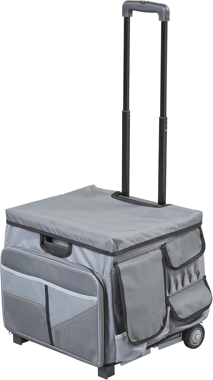 Folding Mobile Utility Cart, Canvas Organizer Bag, Dark Grey/Grey | Durable plastic, 30 compartments, adjustable handle, 40 lb capacity, collapses to 3" thick, rolling wheels for easy transport by SAVVYProductsbySVYP