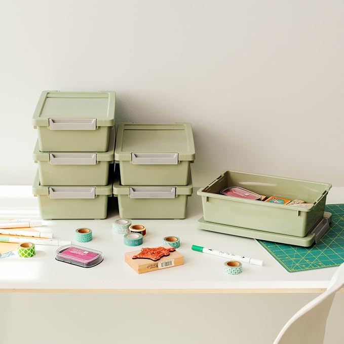 IRIS USA Storage Bins with Lids |Made in USA| 2 Qt - (6-Pack) - Sage Green | Sensory Craft Organizers, Plastic Clip Box Totes, Flat Containers for Organizing Paper, Office, Art & Study Supplies - Image 2