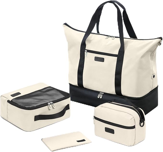 Oeihuivt Weekender Bags for Women with 3 Extra Pack - 21 Inch Large Travel Duffel Bag Set with Shoe Compartment, Heavy-Duty nylon Carry On Overnight Tote Black+Beige by Oeihuivtweekenderbag