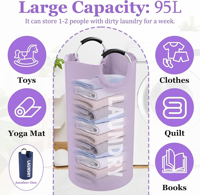 2PCS 95L Collapsible Laundry Basket, Dirty Clothes Hamper for Family | IHOMAGIC Padded Handle Dirty Clothes Hamper, Freestanding Storage Basket For Bedroom, Travel, Camping, Purple+Navy Blue - Image 2