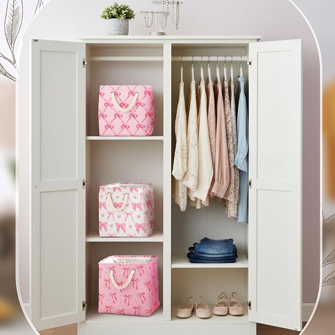 6 Pack Pink Bow Cube Storage Bins Fabric Square Cube Baskets, 11x11 Inch | Pink Bow Foldable Organizer with Sturdy Handles, Home Closet Bin for Shelves, Durable Cube Baskets Bulk for Home Storage - Image 4