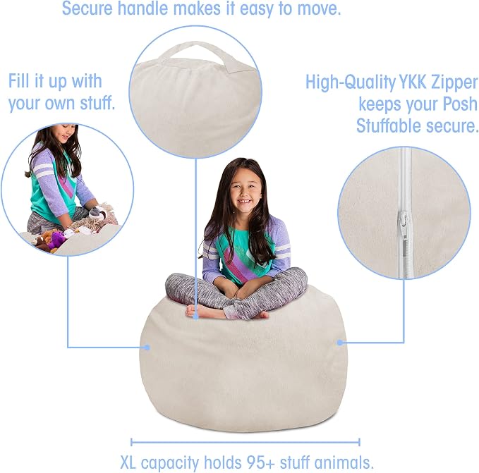 Posh Creations Stuffable Kids Stuffed Animal Storage Bean Bag Chair Cover - Childrens Toy Organizer, Large 38" - Soft Faux Rabbit Fur Cream - Image 2