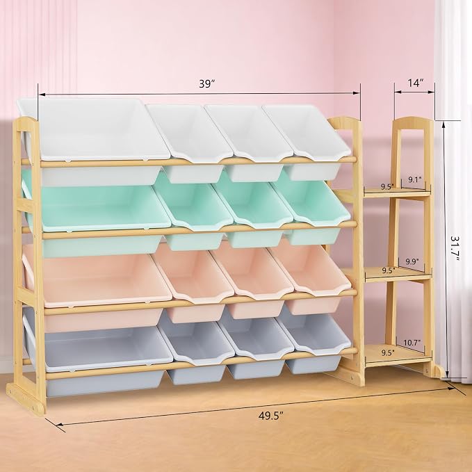 Kids Toy Storage Organizer with Bookshelf – Wooden Shelf with 16 Bins & 3 Shelves, Quick Assembly Storage Rack for Playroom, Bedroom, Nursery– Colorful - Image 2