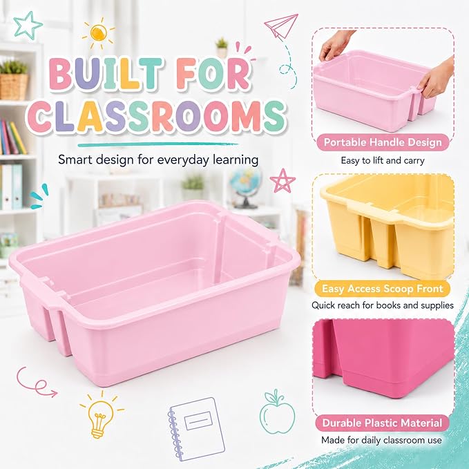 6 Pack Plastic Book Bins For Classroom Stackable Classroom Organizer with Handle Cubby Bins for School Library Office Home Nursery Playroom Organization(Pink Purple) - Image 3