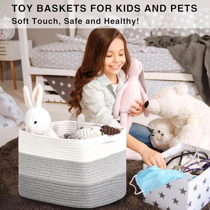 Storage Baskets for Organizing Shelves, Woven Cotton Rope Basket for Storage, Dog Toy Baskets Storage Kids, Book Bins for Living Room Bedroom, 14.8"×11"×9.5", Pack of 3, Gradient Grey - Image 5