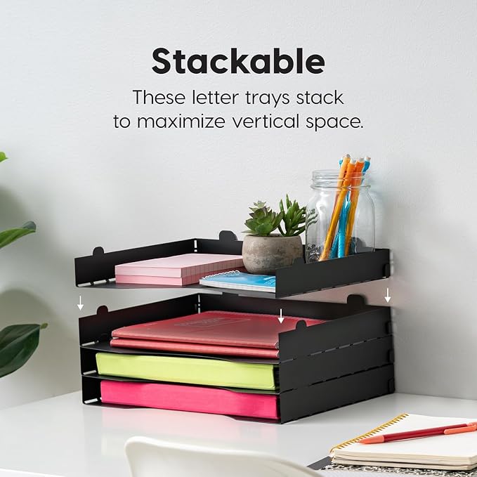 IRIS USA 4-Pack Stackable Metal Letter Tray Organizer, Black | Organize classroom papers, assignments and teaching materials with stackable trays for teachers, schools and educators - Image 5