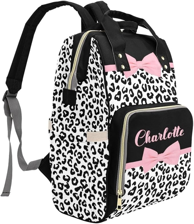 Pink Bow with Leopard Print Personalized Baby Diaper Bag – Custom Name Waterproof Nappy Backpack with Multi Compartments – Stylish Gift for Mom, Dad, Baby Shower & Outdoor Travel - Image 3