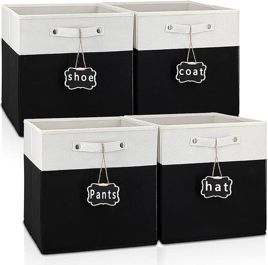 12 inch storage bins,Set of 4 Collapsible Fabric Storage Cubes with Labels,Linen Cube Storage Organizer Bins Kallax Storage Cubes for Organizing Office,Shelves,Nursery Toys,Clothes(White Black). by Storageexperts