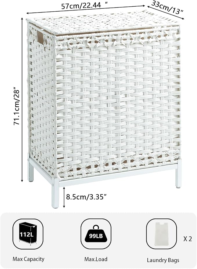 SETVSON Laundry Hamper with Lid, 112 L Handwoven Rattan, Cloud White | 2-Section Large Basket, 2 Removable Liner Bags, 3.34-In Heightened Metal Feet, 6 Mesh Laundry Bags, Side Handles - Image 2