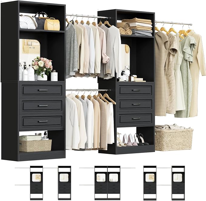 Unikito 6-14FT Wood Closet System with 6 Drawers and Mirror, Black | Sturdy walk-in organizer wardrobe for clothing, clothes rack with 3 hanging rods, freestanding garment storage tower. by Unikito