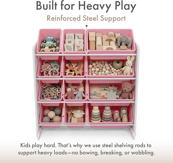 Humble Crew Kids Toy Organizer with 12 Bins, 4 Tier Storage for Playroom | Sturdy wood and steel toddler shelf, removable BPA-free containers, wall anchor anti-tip safety kit for bedroom or classroom - Image 4