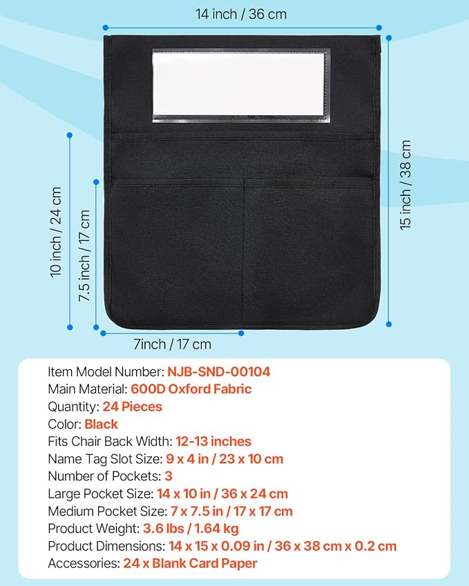 VEVOR Chair Pockets for Classroom, 24 Pack, 14 x 15 Inches Chairback Buddy Pocket with Name Tag, Back of Chair Organizer for Kids in Classroom, Kindergarten, School, and Home, Black - Image 7