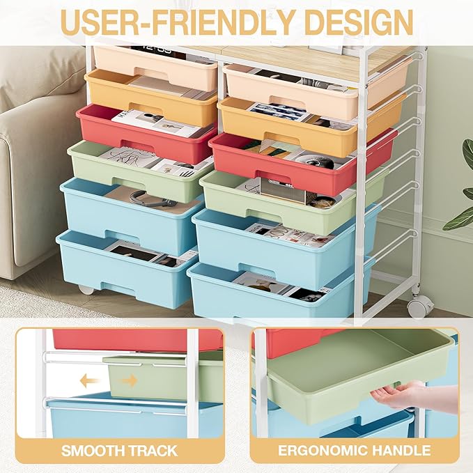 TOOLF 12 Drawers Rolling Storage Cart with Wooden Top for Classroom,Rainbow | Teacher Cart Craft Art Supply Organizer, Utility Cart with Lockable Wheels for Home Household Essentials, Office Organization - Image 5