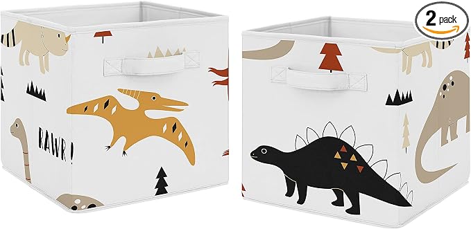 Sweet Jojo Designs Mod Dino Foldable Fabric Storage Cube Bins Boxes Organizer Toys Kids Baby Children - Set of 2 - Orange Tan Rust Taupe Mustard Yellow Beige Brown Black Modern Dinosaur Boho Dinosaurs by SweetJojoDesigns