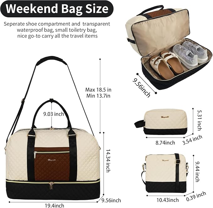 3PCS Weekender Bags for Women Large Overnight Bag, Black Beige Brown | Weekender Travel Duffel Bags Carry on Shoulder with Shoe Compartment Toiletry Bag Satchel Bag for Travelling Business Gym - Image 2