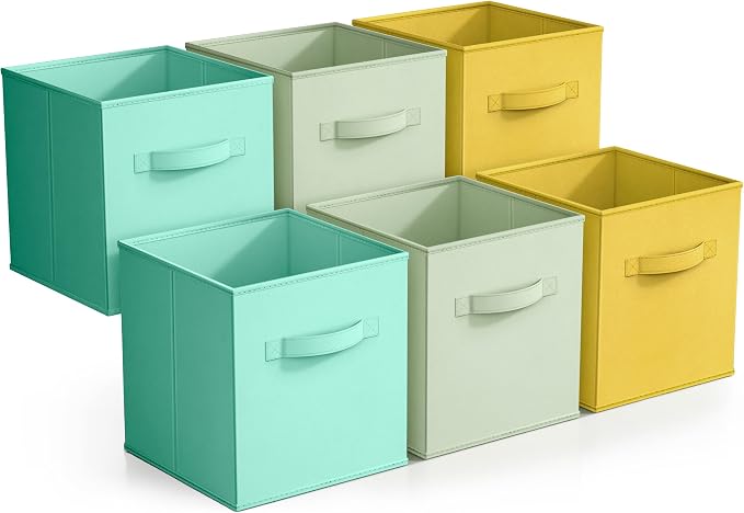 Sorbus Storage Cubes - 11" Foldable Storage Bins with Handle for Nursery, Playroom, Closet Organizers and Storage - 6 Fabric Shelf Basket for Toys, Books, Clothes - Green Yellow & Blue Storage Bins by Sorbus