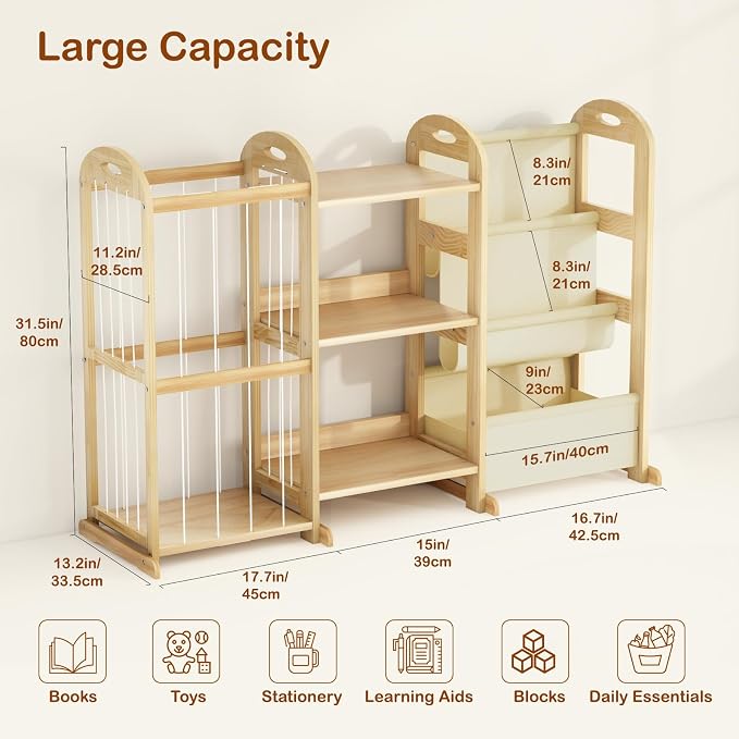 Kids Bookshelf and Toy Storage Organizer, 3-Tier Book Shelf with Stuffed Animal Storage, Kids Toy Book Storage for Bedroom Playroom, Wooden Toy Organizer with 3 Shelves, 49.4" W - Image 2