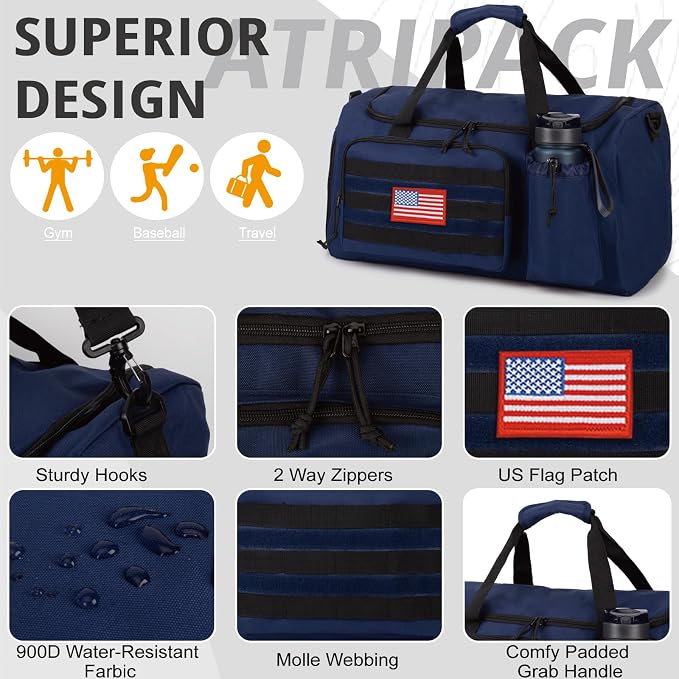 Tactical Gym Bag for Men, 60L Duffle Bag with Shoes Compartment for Travel | Water-Resistant Sports Weekender Bag with Adjustable Shoulder Strap Wet Pocket for Gym,Travel,Hiking,Camping Overnight Trips - Image 6