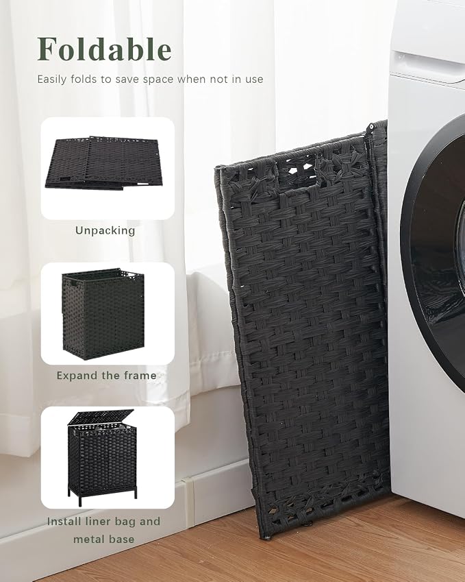 SETVSON Laundry Hamper with Lid, 112 L PE Rattan Woven Bin, Black | Decorative Furniture Look for Bedroom & Bathroom, 2-Section Sorting Hamper with Lid, 2 Liners, 6 Bags, Metal Feet - Image 6