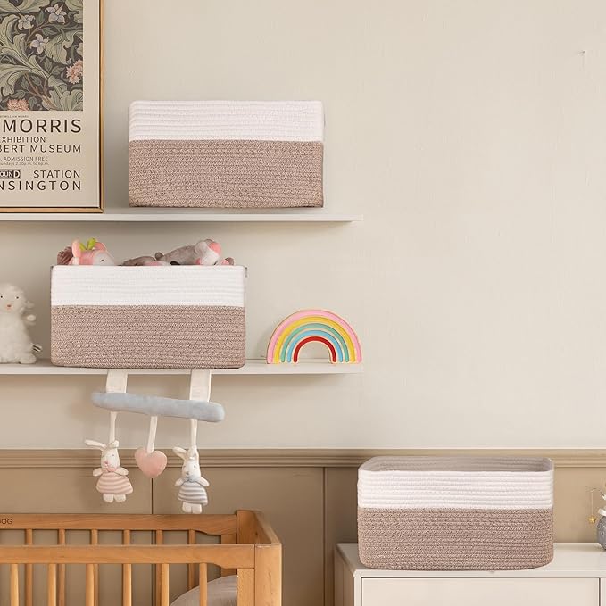 4 Pack Storage Baskets for Organizing, Woven Baskets for Shelves - Perfect for Toys, Books, Towels, and Clothes, Durable Gift Basket Bins Toy Storage, 15.7''Lx11.8''Wx7.8''H, Brown & White - Image 5