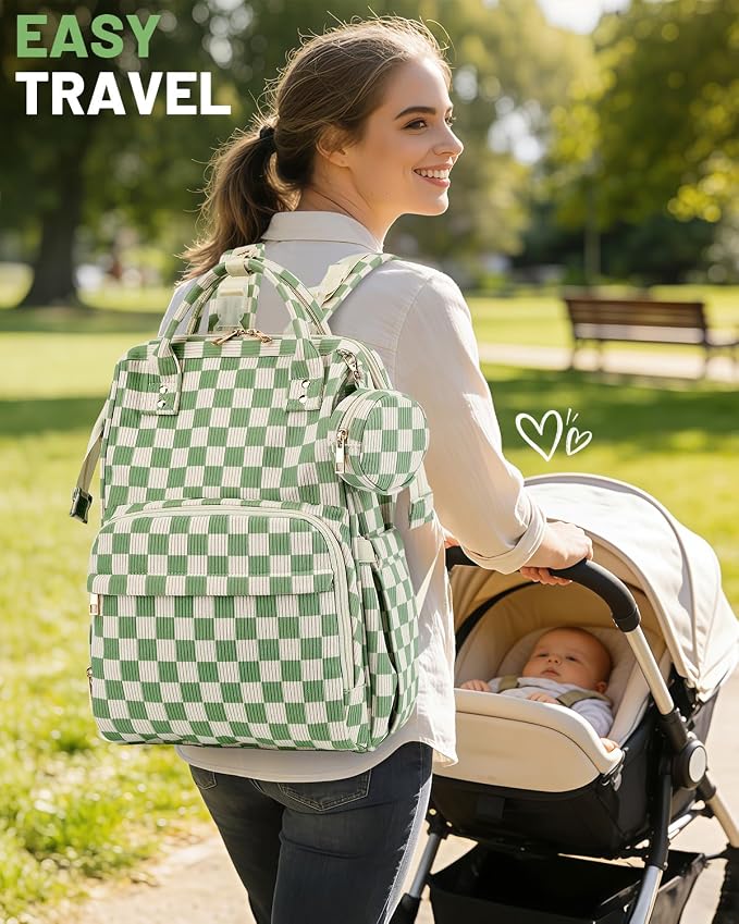 Corduroy Diaper Bag Backpack, Large Capacity Multifunction Baby Diaper Bags for Women, Insulated Bottle Pockets & Pacifier Case, Stylish Travel Nappy Changing Bags for Mom Dad (Checkered Green) - Image 8